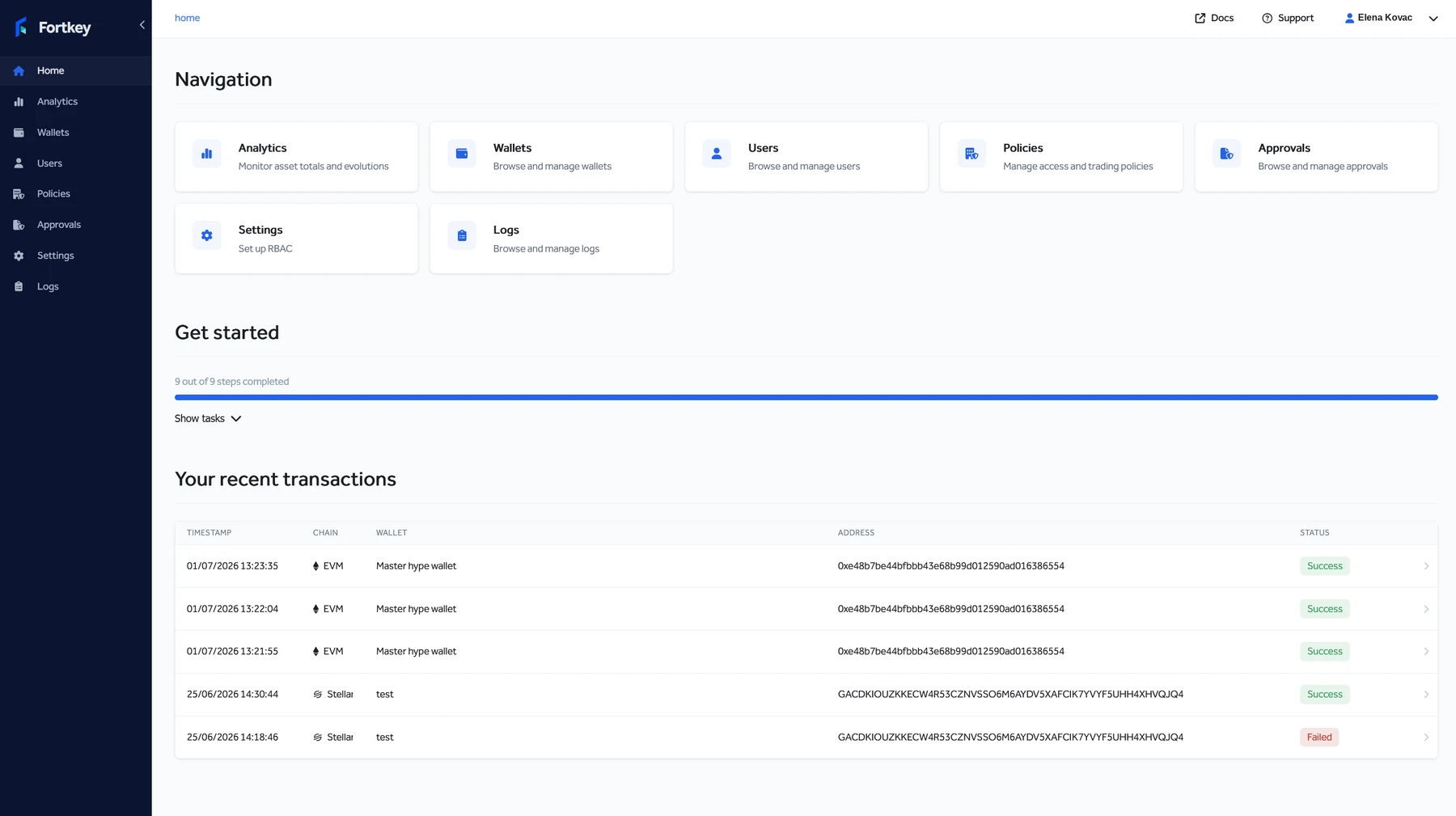 Fortkey Console preview showing wallets, policies and activity.