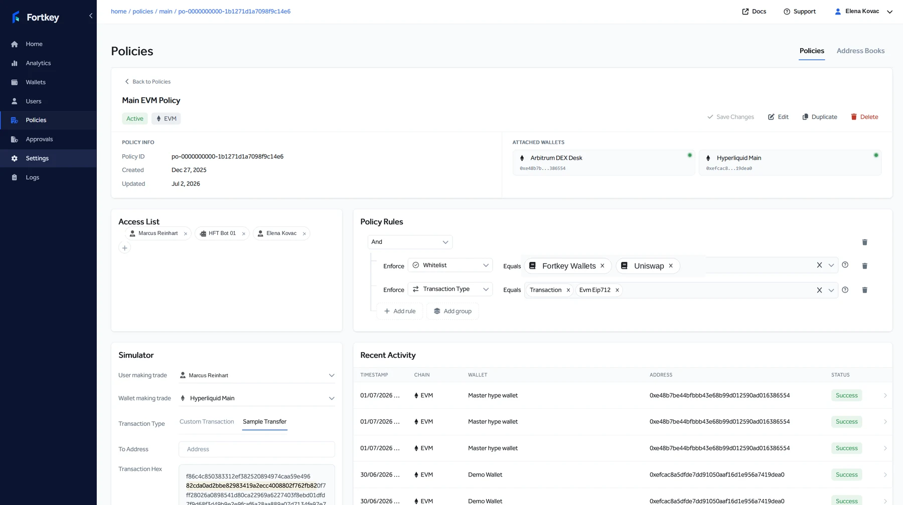 Fortkey policy simulator running a sample transfer through active rules.