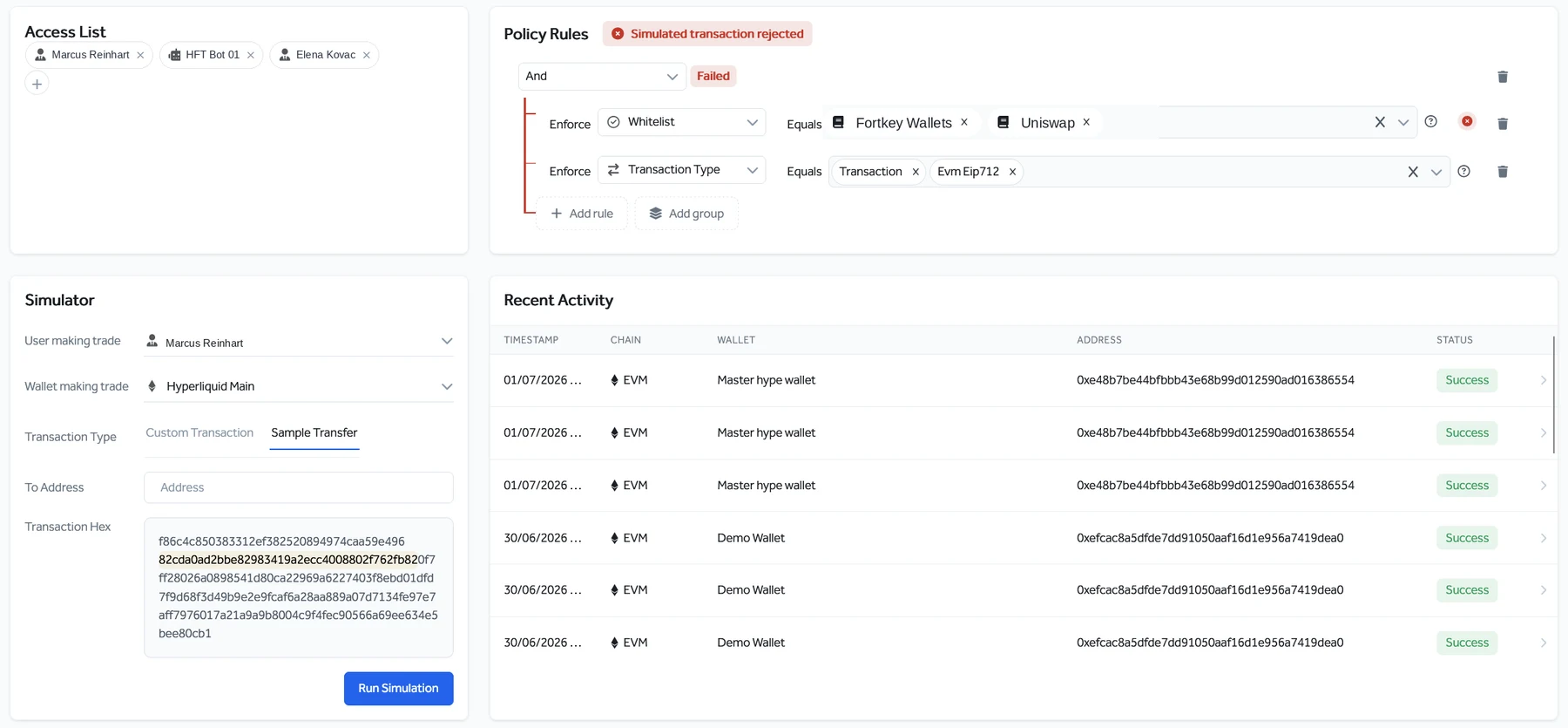Fortkey policy rules with a simulated transaction rejected by the whitelist.